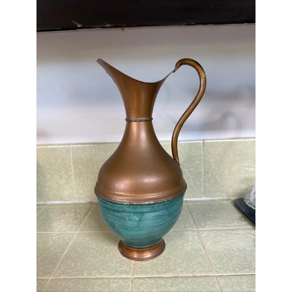 Vintage Copper Pitcher Ewer Verdigris‎ Teal Patina Decorative Vase 11.5 Inch